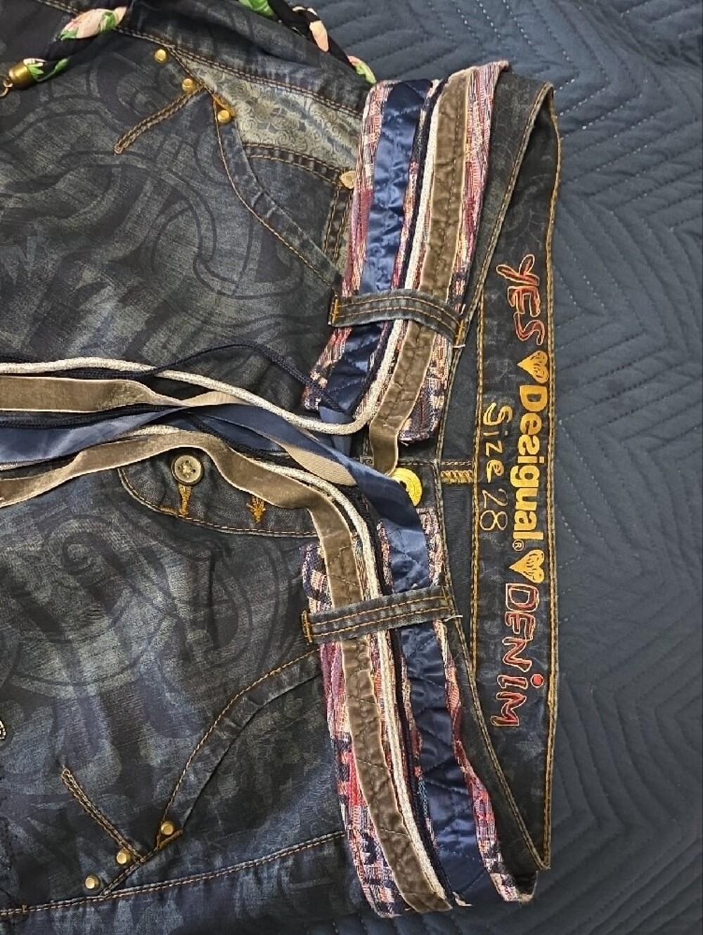 Desigual Dark Denim Joggers with Multicolor Embroidered Accents - Picture 2 of 3